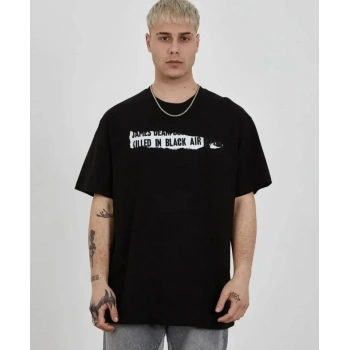 MARSiLYAN- Unisex Bisiklet Yaka Baskılı Oversize T-Shirt - Siyah