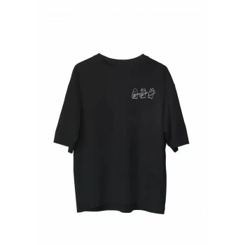 MARSiLYAN- Unisex Bisiklet Yaka Baskılı Oversize T-Shirt - Siyah