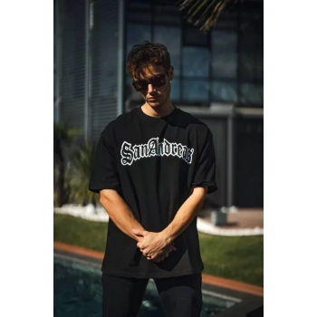 MARSiLYAN- Unisex Bisiklet Yaka Baskılı Oversize T-Shirt - Siyah