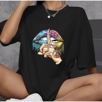 MARSiLYAN- Unisex Bisiklet Yaka Baskılı Oversize T-Shirt - Siyah