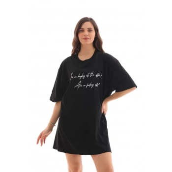 MARSiLYAN- Unisex Bisiklet Yaka Baskılı Oversize T-Shirt - Siyah