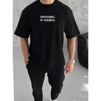 MARSiLYAN- Unisex Bisiklet Yaka Baskılı Oversize T-Shirt - Siyah