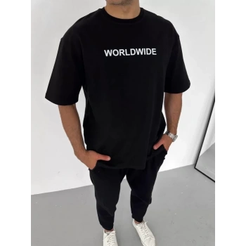 MARSiLYAN- Unisex Bisiklet Yaka Baskılı Oversize T-Shirt - Siyah