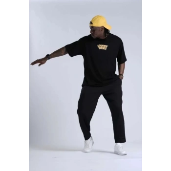 MARSiLYAN- Unisex Bisiklet Yaka Baskılı Oversize T-Shirt - Siyah