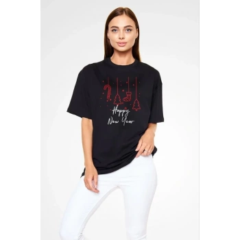 MARSiLYAN- Unisex Bisiklet Yaka Baskılı Oversize T-Shirt - Siyah