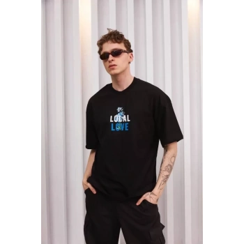 MARSiLYAN- Unisex Bisiklet Yaka Baskılı Oversize T-Shirt - Siyah