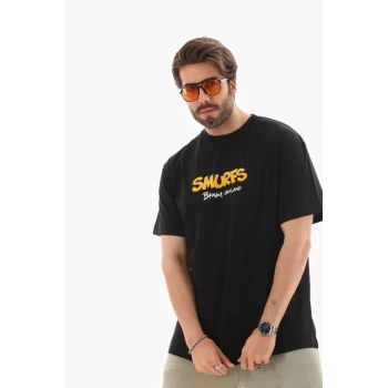 MARSiLYAN- Unisex Bisiklet Yaka Baskılı Oversize T-Shirt - Siyah