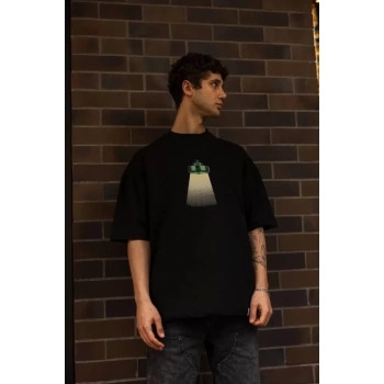 MARSiLYAN- Unisex Bisiklet Yaka Baskılı Oversize T-Shirt - Siyah