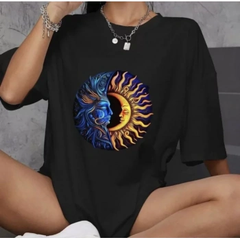 MARSiLYAN- Unisex Bisiklet Yaka Baskılı Oversize T-Shirt - Siyah