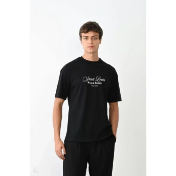 MARSiLYAN- Unisex Bisiklet Yaka Baskılı Oversize T-Shirt - Siyah