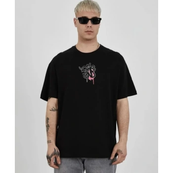 MARSiLYAN- Unisex Bisiklet Yaka Baskılı Oversize T-Shirt - Siyah