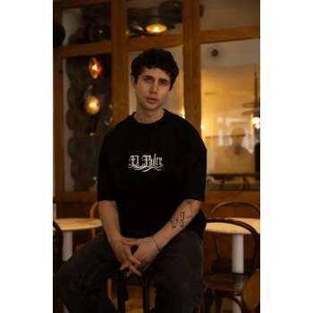 MARSiLYAN- Unisex Bisiklet Yaka Baskılı Oversize T-Shirt - Siyah