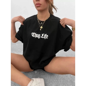 MARSiLYAN- Unisex Bisiklet Yaka Baskılı Oversize T-Shirt - Siyah
