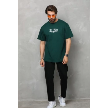 MARSiLYAN- Unisex Bisiklet Yaka Baskılı Oversize T-Shirt - Yeşil