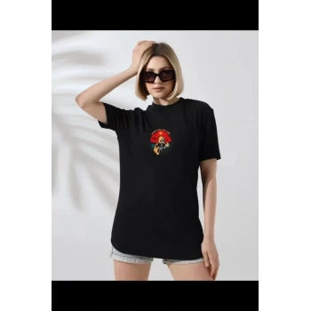MARSiLYAN- Unisex Bisiklet Yaka Baskılı T-Shirt - Siyah