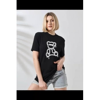 MARSiLYAN- Unisex Bisiklet Yaka Baskılı T-Shirt - Siyah