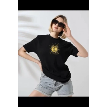 MARSiLYAN- Unisex Bisiklet Yaka Baskılı T-Shirt - Siyah