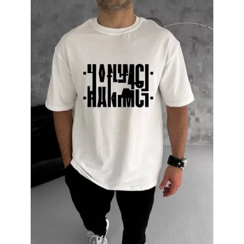 MARSiLYAN- Unisex Bisiklet Yaka Katlanan Baskılı T-Shirt - Beyaz