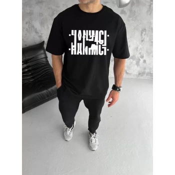 MARSiLYAN- Unisex Bisiklet Yaka Katlanan Baskılı T-Shirt - Siyah