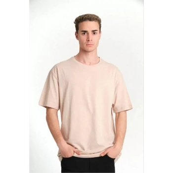 MARSiLYAN- Unisex Düz Biskilet Yaka Oversize T-shirt - Bej