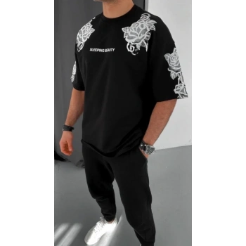 MARSiLYAN- Unisex Flok Kabartma Baskılı T-Shirt - Siyah