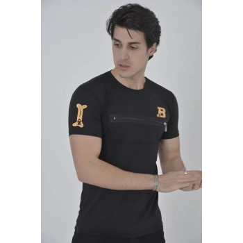 MARSiLYAN- Unisex Göğüs Fermuarlı Baskılı T-Shirt - Siyah