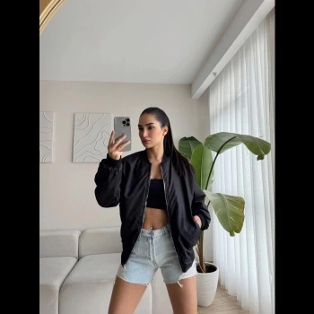 MARSiLYAN- Unisex İçi Astarlı Düz Bomber Ceket - Siyah