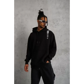 MARSiLYAN- Unisex Kapşonlu Uzun Kol Baskılı Sweetshirt - Siyah