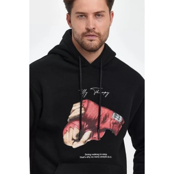 MARSiLYAN- Unisex Kapüşonlu Üç İplik Oversize Baskılı Sweatshirt - Siyah