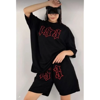 MARSiLYAN- Unisex Nakış İşlemeli Şort Takım - Siyah