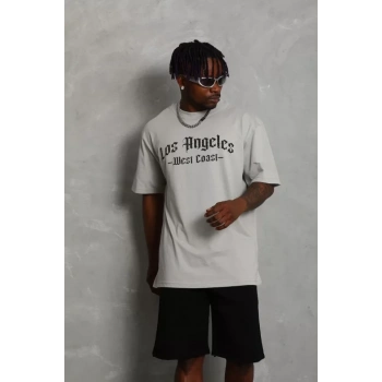 MARSiLYAN- Unisex Oversize Baskılı Bisiklet Yaka T-Shirt - Gri