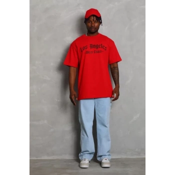 MARSiLYAN- Unisex Oversize Baskılı Bisiklet Yaka T-Shirt - Kırmızı