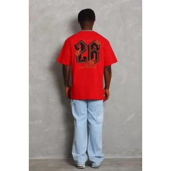 MARSiLYAN- Unisex Oversize Baskılı Bisiklet Yaka T-Shirt - Kırmızı