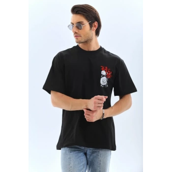 MARSiLYAN- Unisex Oversize Baskılı Bisiklet Yaka T-Shirt - Siyah