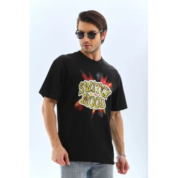 MARSiLYAN- Unisex Oversize Baskılı Bisiklet Yaka T-Shirt - Siyah