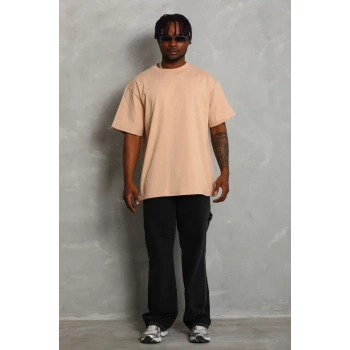MARSiLYAN- Unisex Oversize Düz Bisiklet Yaka T-Shirt - Bej