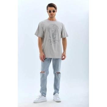 MARSiLYAN- Unisex Oversize Taşlı Bisiklet Yaka T-Shirt - Gri