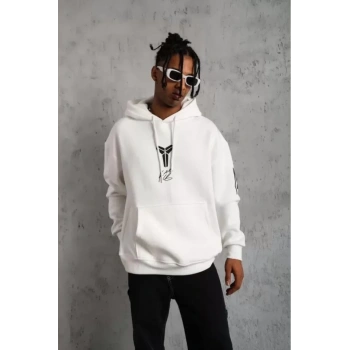 MARSiLYAN- Unisex Sırt Baskılı Kapüşonlu Üç İplik Oversize Sweatshirt - Beyaz