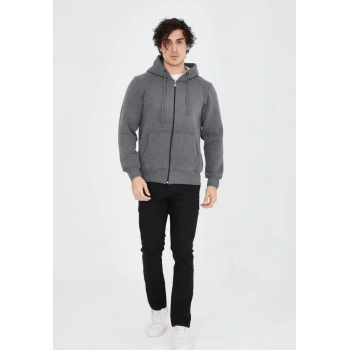 MARSiLYAN- Unisex Tam Fermuarlı Kapşonlu  SweatShirt - Füme
