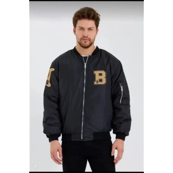 MARSiLYAN- Unisex Uzun Kol Baskılı Bomber Ceket - Siyah