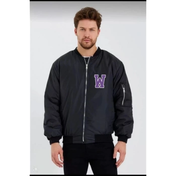 MARSiLYAN- Unisex Uzun Kol Baskılı Bomber Ceket - Siyah