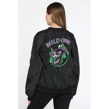 MARSiLYAN- Unisex Uzun Kol Baskılı Bomber Ceket - Siyah