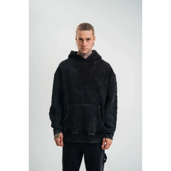 MARSiLYAN- Unisex Uzun Kol Kapşonlu Yıkamalı Nakışlı SweatShirt - Siyah