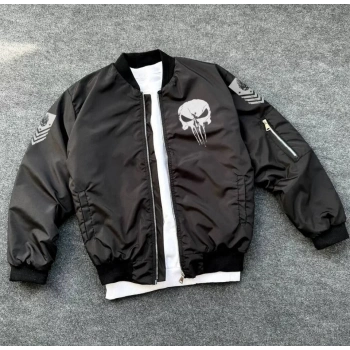 MARSiLYAN- Unisex Uzun Kol Kuru Kafa Baskılı Bomber Ceket - Siyah