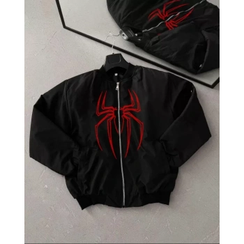 MARSiLYAN- Unisex Uzun Kol Örümcek Baskılı Bomber Ceket - Siyah