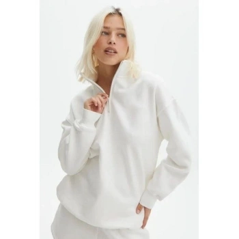 MARSiLYAN- Unisex Uzun Kol Yarım Farmuarlı Yakalı Basic SweatShirt - Beyaz