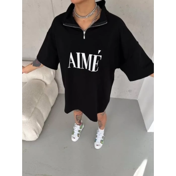 MARSiLYAN- Unisex Yarım Fermuarlı Baskılı T-Shirt - Siyah