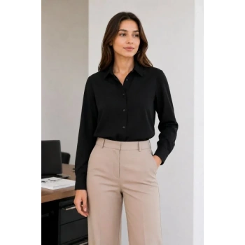 MARSiLYAN- Uzun Kol Gömlek Düğmeli Klasik Yaka Günlük Ve Ofis Şıklığına Uygun - Siyah