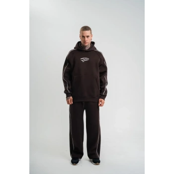 MARSiLYAN- Uzun Kol Kapşonlu Ara Biyeli Baggy Eşofman Takım - Kahve