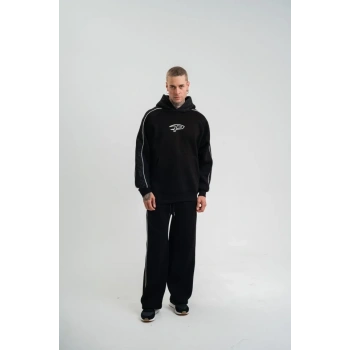 MARSiLYAN- Uzun Kol Kapşonlu Ara Biyeli Baggy Eşofman Takım - Siyah